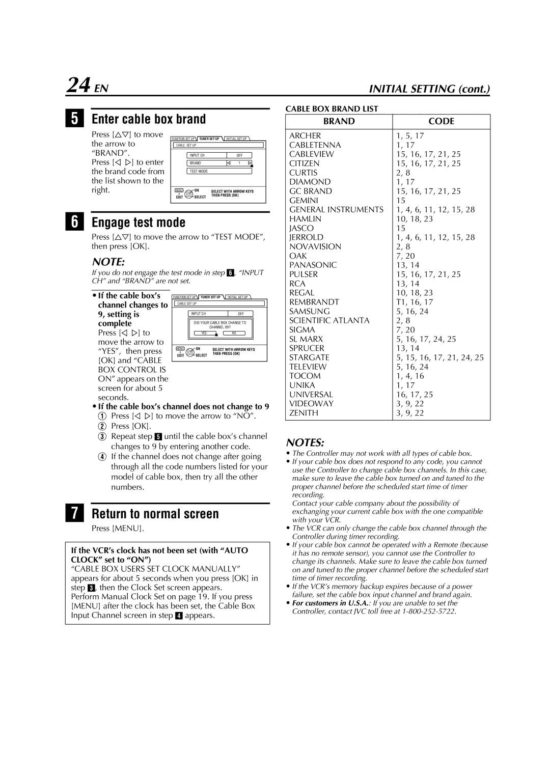 JVC HM-DH5U manual 24 EN, Enter cable box brand, Engage test mode, Brand Code, Cable BOX Brand List 