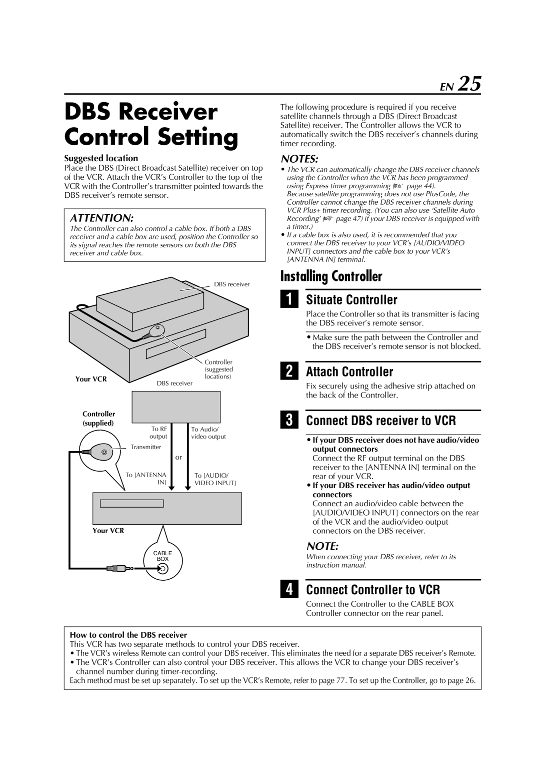 JVC HM-DH5U manual DBS Receiver Control Setting, Connect DBS receiver to VCR, How to control the DBS receiver 