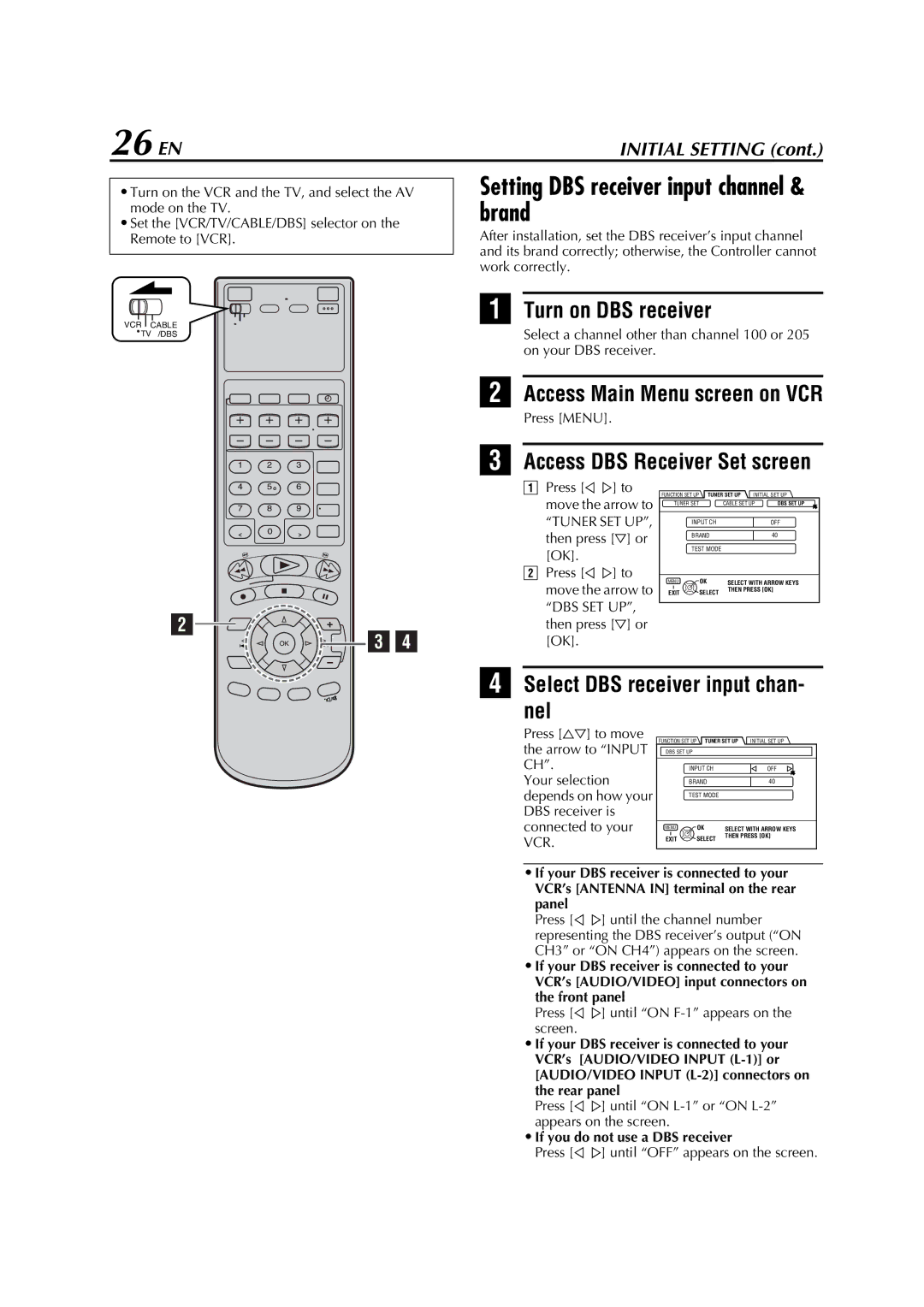 JVC HM-DH5U manual 26 EN, Setting DBS receiver input channel & brand, Turn on DBS receiver, Access DBS Receiver Set screen 