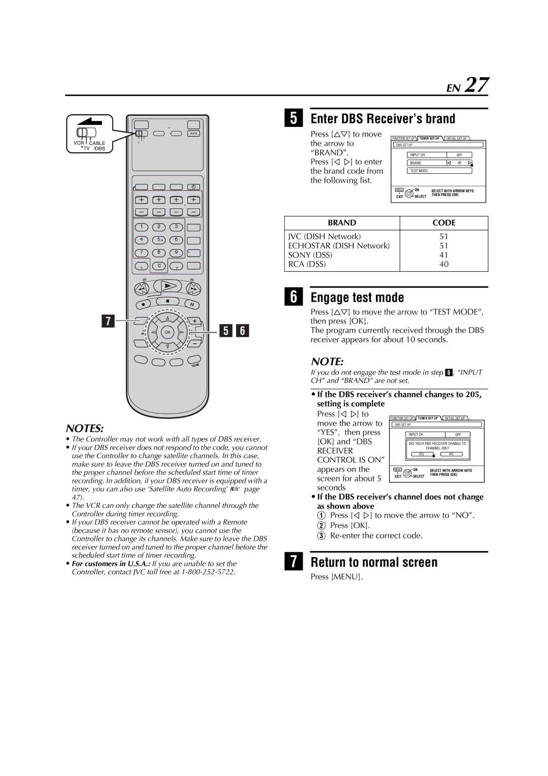 JVC HM-DH5U manual Enter DBS Receiver’s brand, Press FG to move the arrow to Brand, Brand Code, Sony DSS RCA DSS 