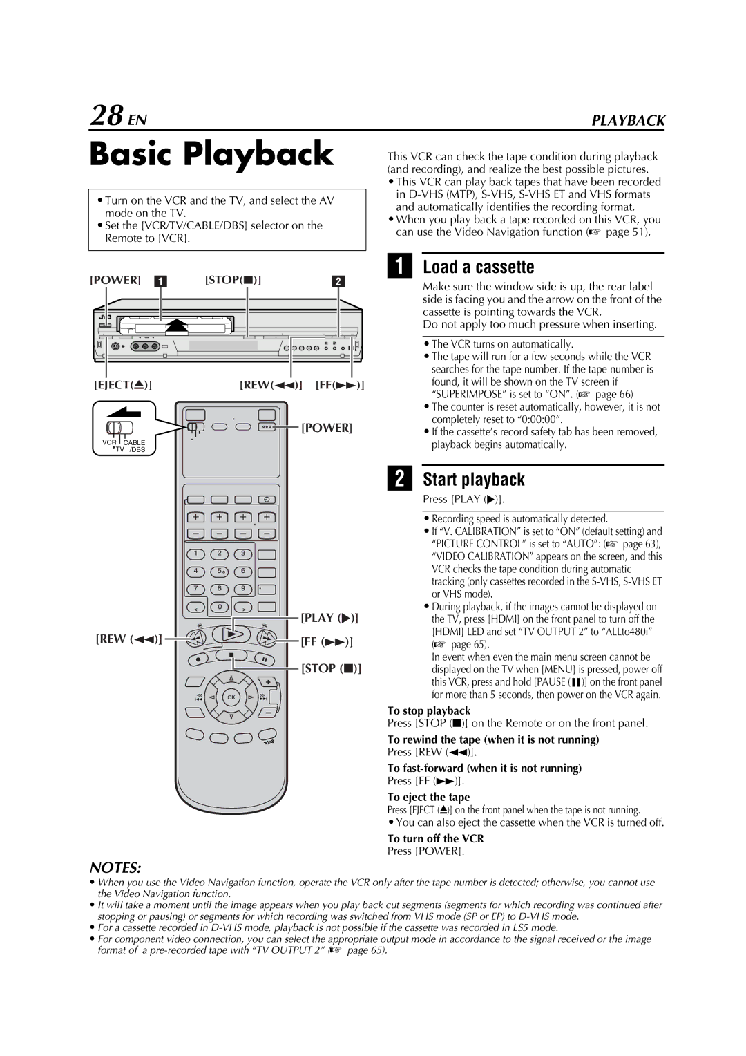 JVC HM-DH5U manual Basic Playback, 28 EN, Load a cassette, Start playback 