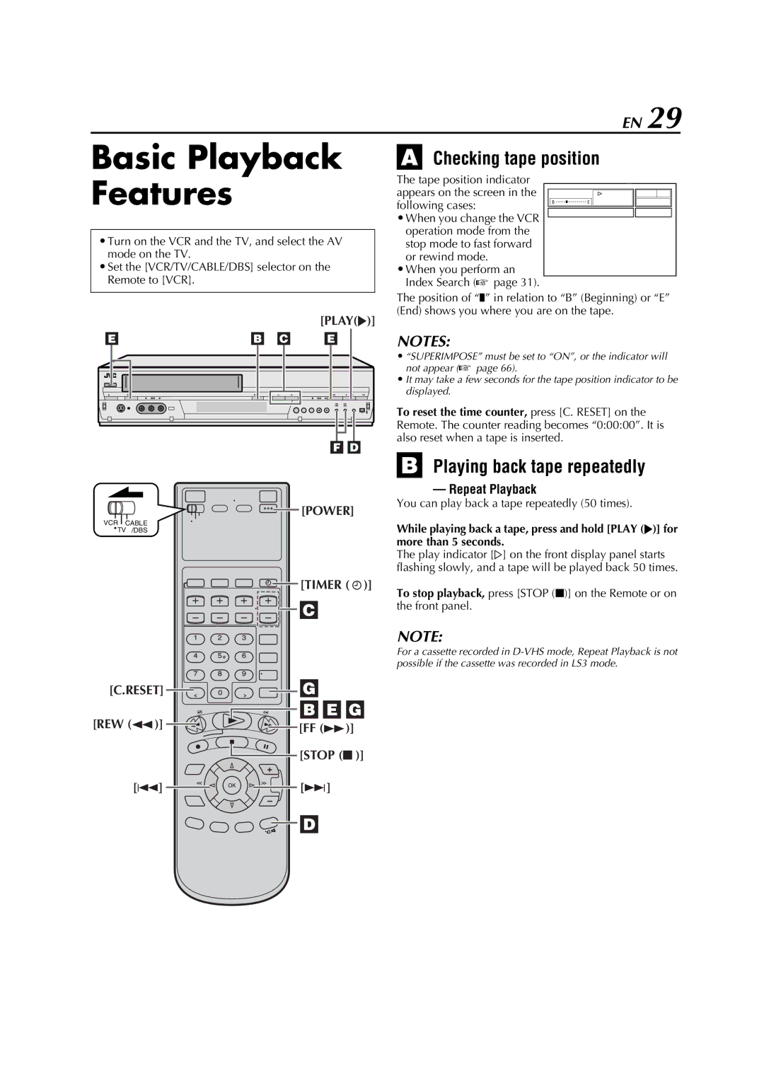 JVC HM-DH5U Features, Checking tape position, Playing back tape repeatedly, You can play back a tape repeatedly 50 times 