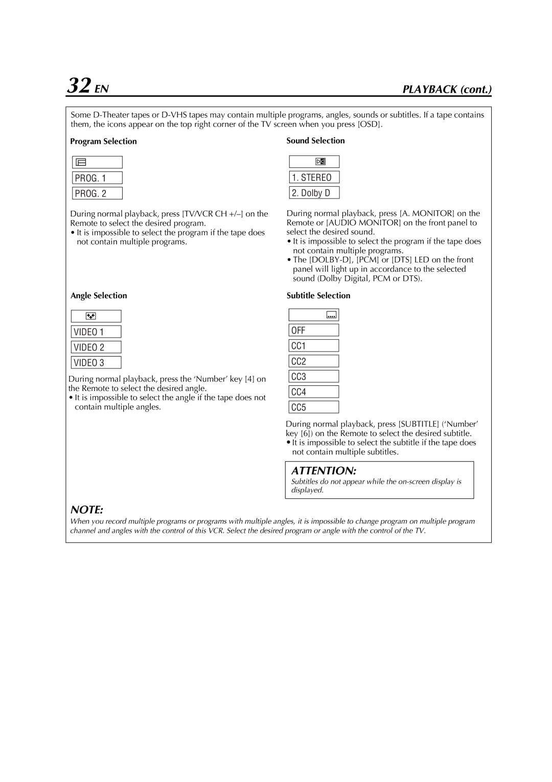 JVC HM-DH5U manual 32 EN, Program Selection, Angle Selection, Subtitle Selection 