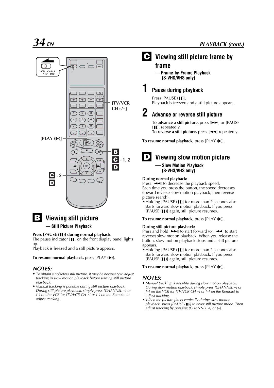 JVC HM-DH5U manual 34 EN, Viewing still picture frame by frame, Viewing slow motion picture 