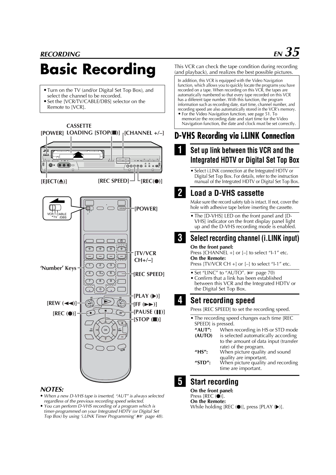 JVC HM-DH5U manual Basic Recording, Load a D-VHS cassette, Set recording speed, Start recording 