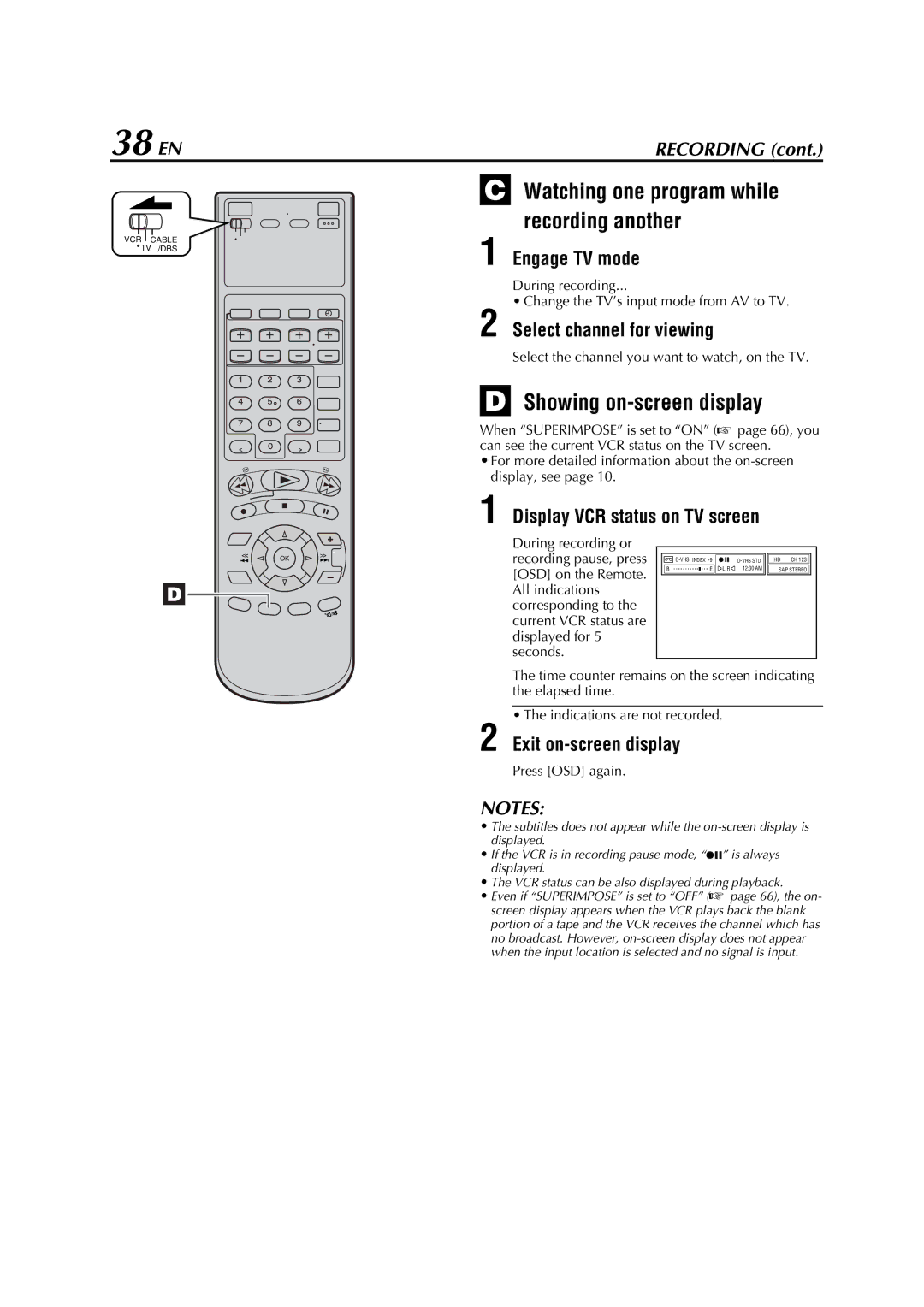 JVC HM-DH5U manual 38 EN, Watching one program while recording another, Showing on-screen display 