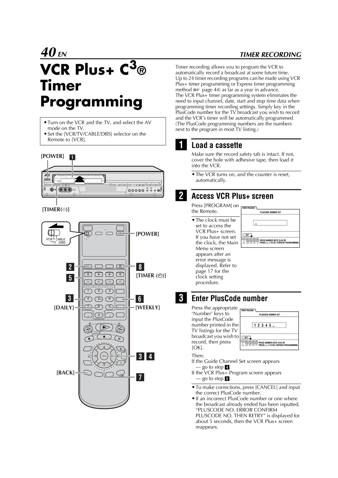 JVC HM-DH5U manual VCR Plus+ C3 Timer Programming, 40 EN, Access VCR Plus+ screen, Enter PlusCode number 