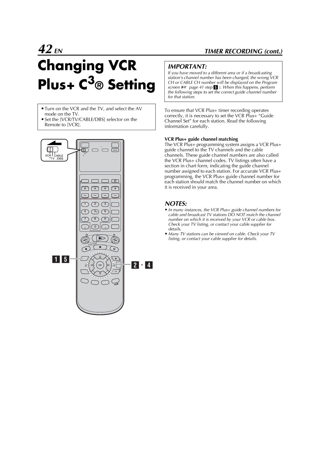 JVC HM-DH5U manual Changing VCR Plus+ C3 Setting, 42 EN, VCR Plus+ guide channel matching 