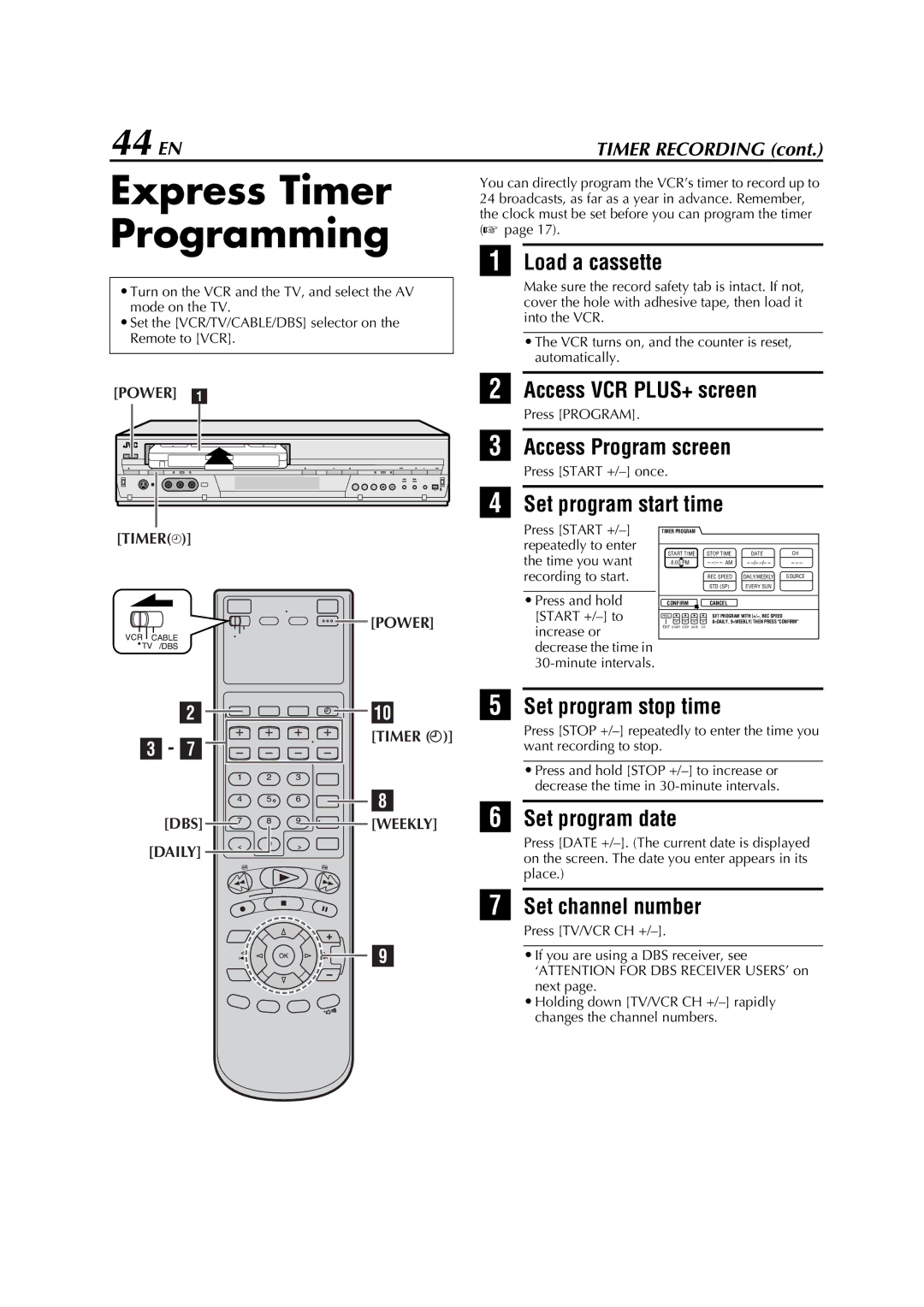 JVC HM-DH5U manual Express Timer Programming, 44 EN 