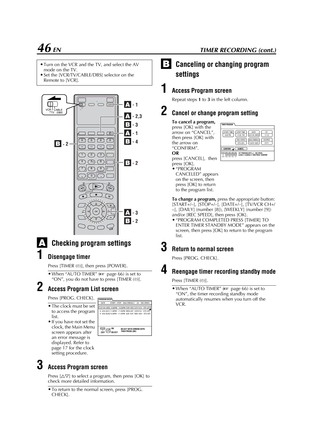 JVC HM-DH5U manual 46 EN, Canceling or changing program settings, Checking program settings 