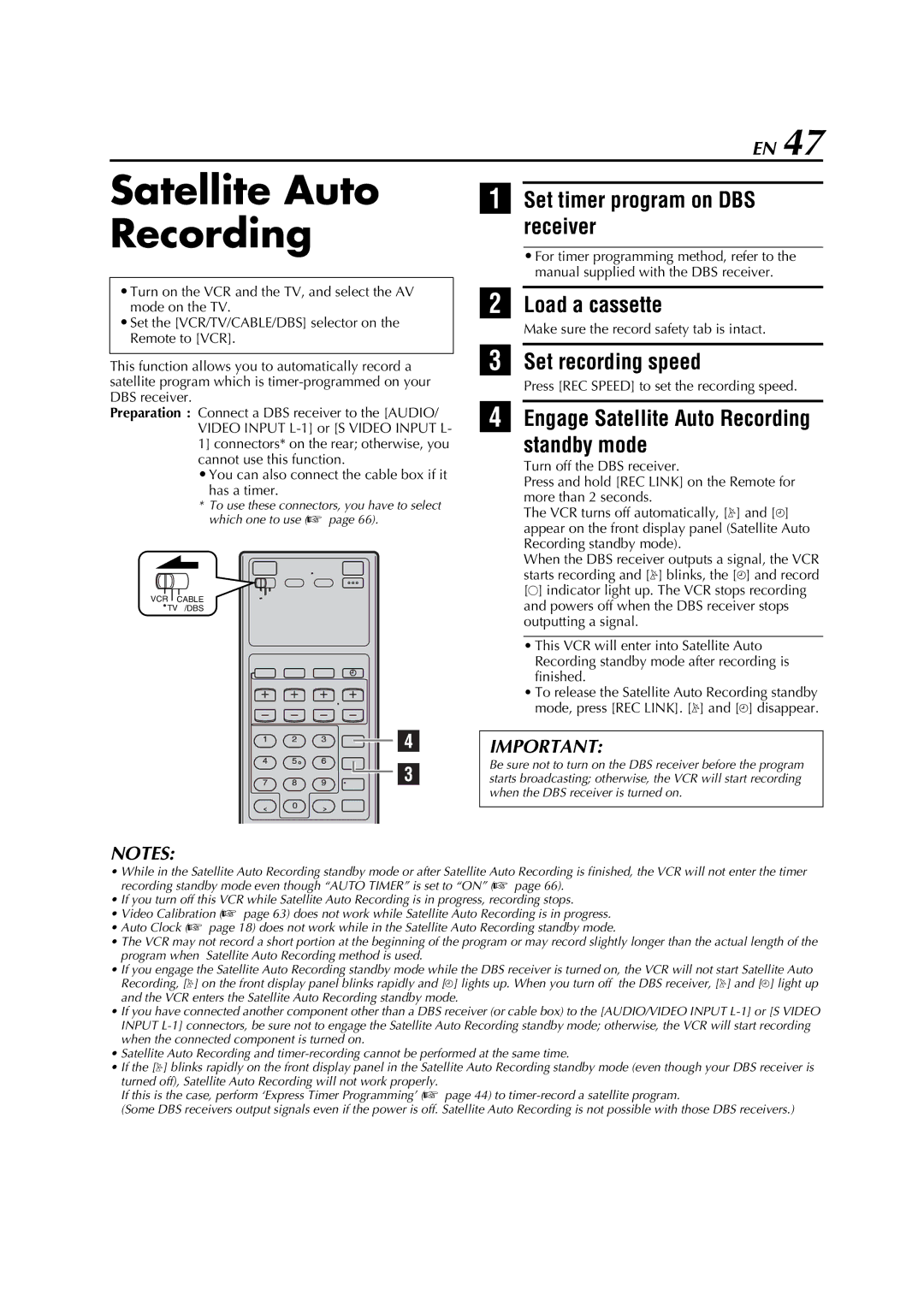 JVC HM-DH5U manual Set timer program on DBS receiver, Engage Satellite Auto Recording Standby mode 