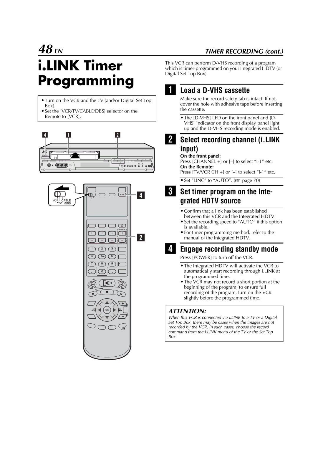 JVC HM-DH5U manual Link Timer Programming, 48 EN, Select recording channel i.LINK Input, Engage recording standby mode 