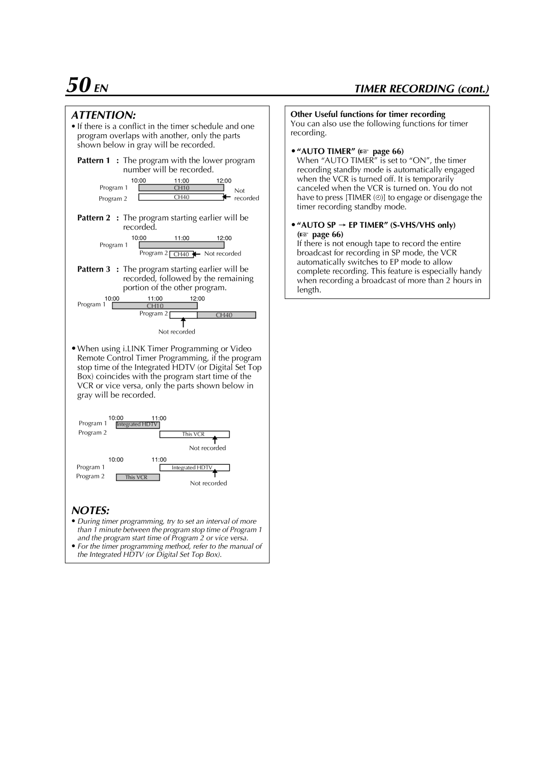 JVC HM-DH5U 50 EN, Pattern 2 The program starting earlier will be recorded, Other Useful functions for timer recording 