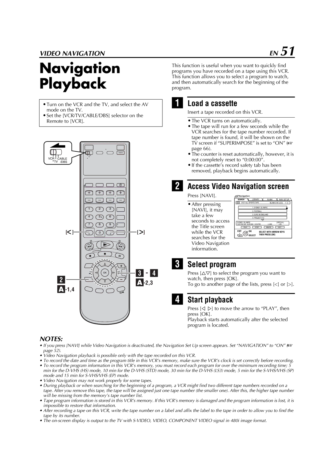 JVC HM-DH5U manual Navigation Playback, Access Video Navigation screen, Select program, Press Navi 