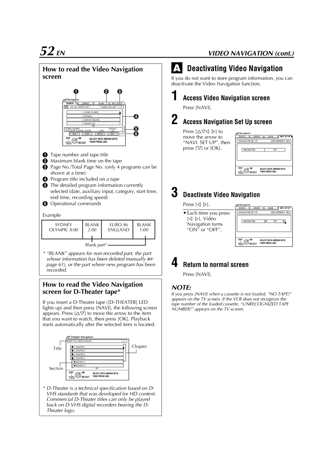 JVC HM-DH5U manual 52 EN, Deactivating Video Navigation, Access Video Navigation screen, Access Navigation Set Up screen 