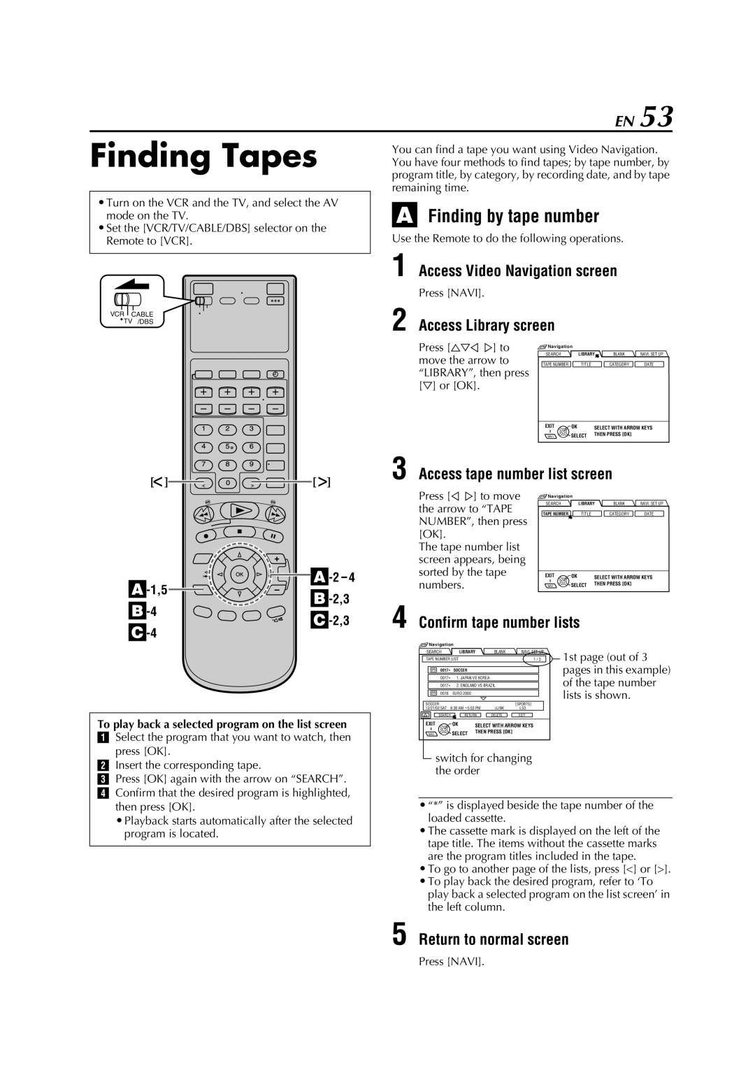 JVC HM-DH5U manual Finding Tapes, Finding by tape number, Access Library screen, Access tape number list screen 