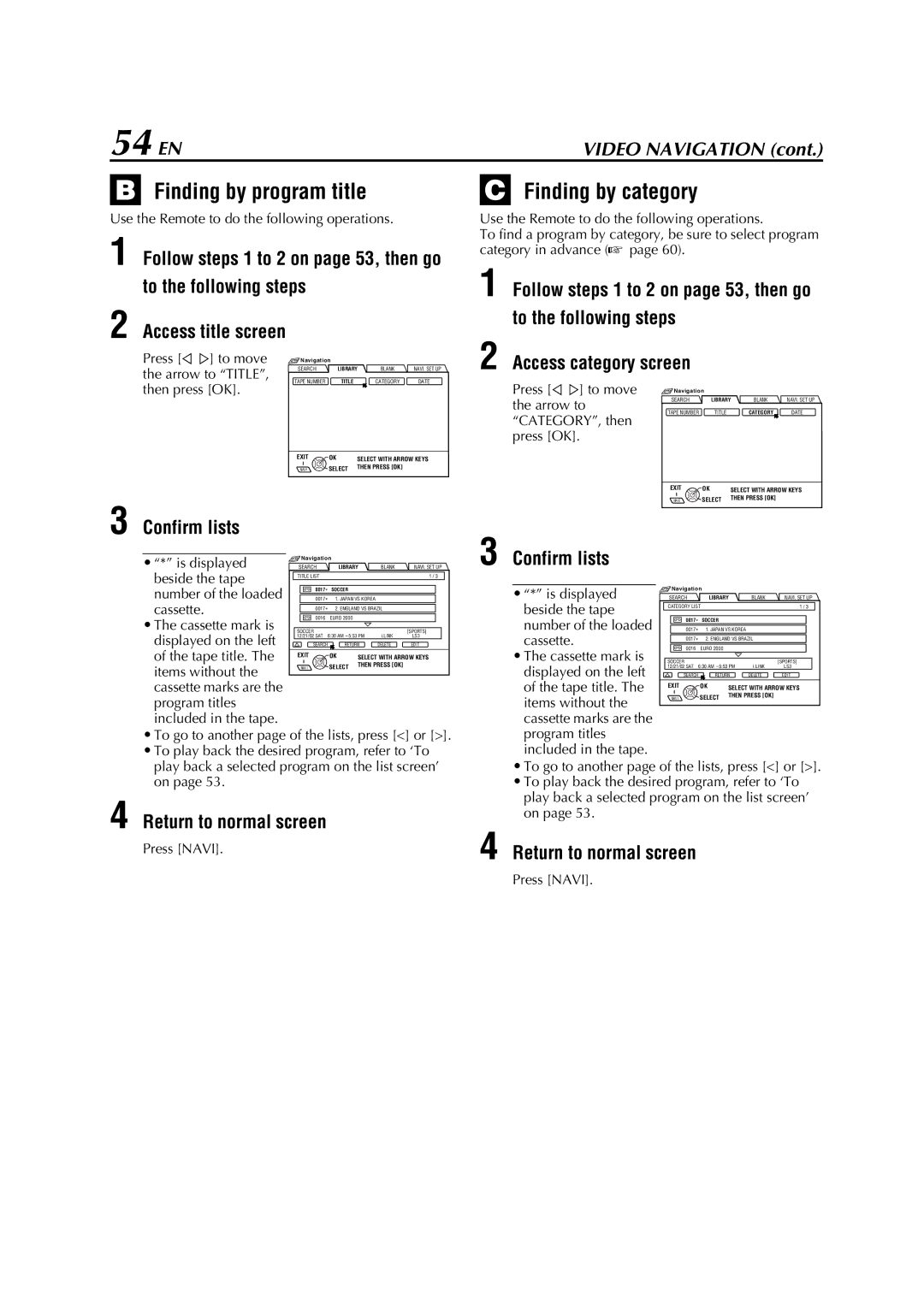 JVC HM-DH5U manual 54 EN, Finding by program title, Finding by category, Confirm lists 