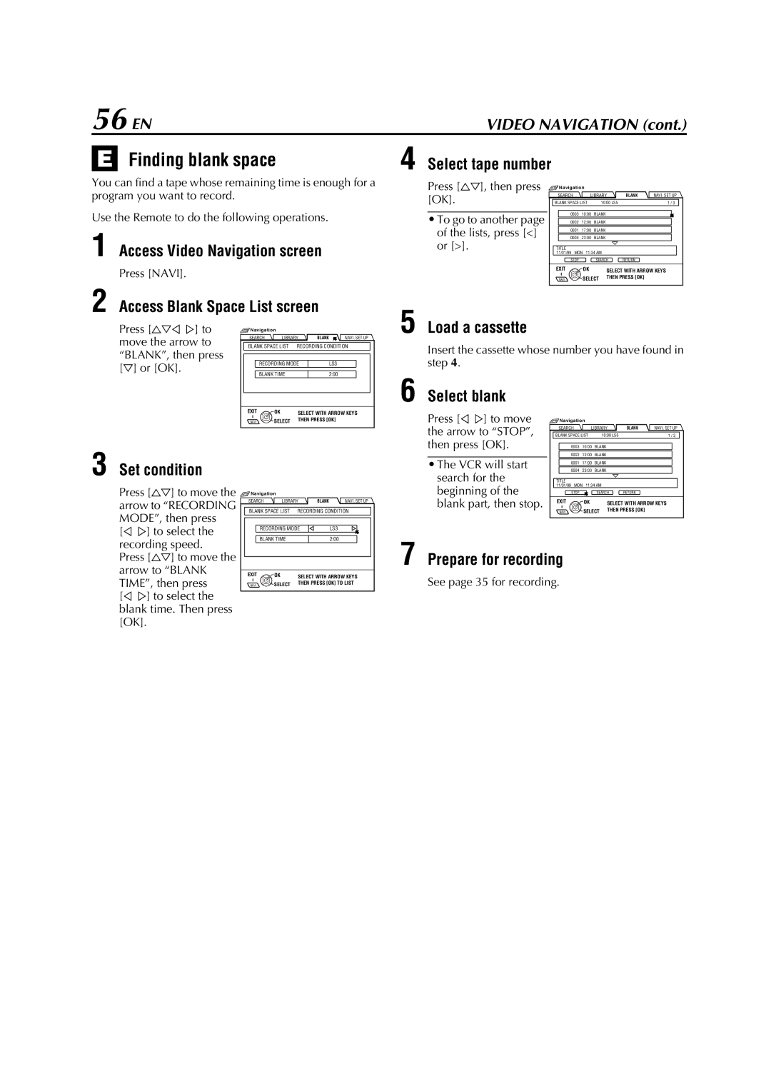 JVC HM-DH5U manual 56 EN, Finding blank space 