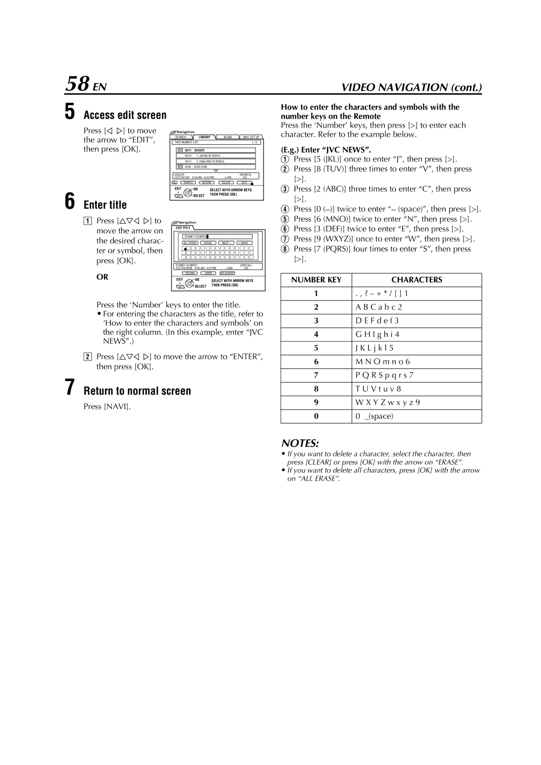 JVC HM-DH5U manual 58 EN, Access edit screen, Enter title, Number KEY Characters 