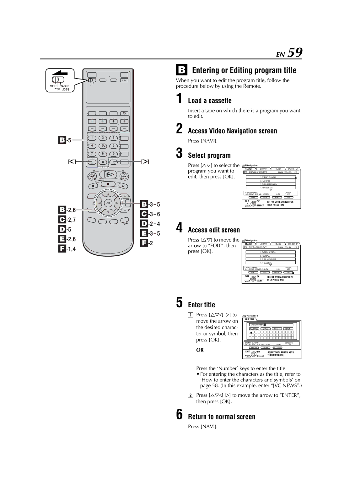 JVC HM-DH5U manual Entering or Editing program title, Load a cassette, Select program 