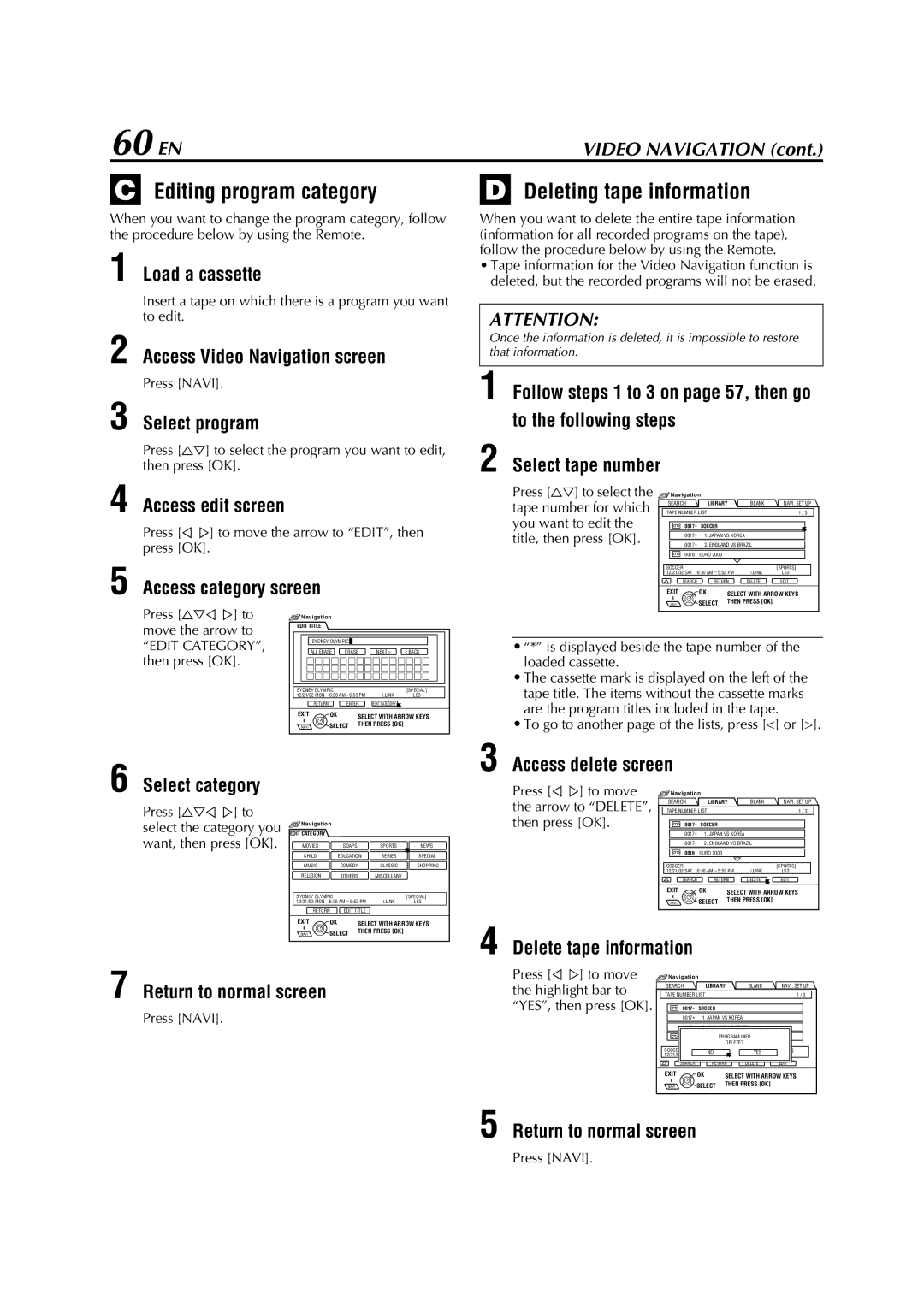 JVC HM-DH5U manual 60 EN, Editing program category, Deleting tape information 