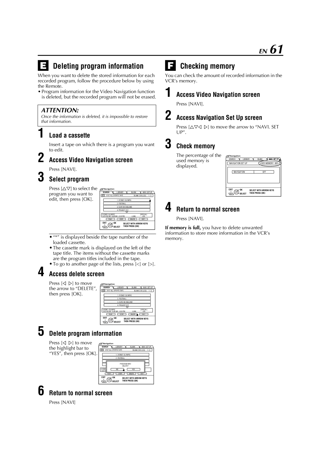 JVC HM-DH5U manual Deleting program information, Checking memory, Delete program information, Check memory 