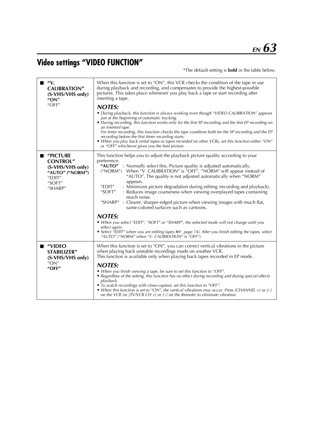 JVC HM-DH5U manual Video settings Video Function 