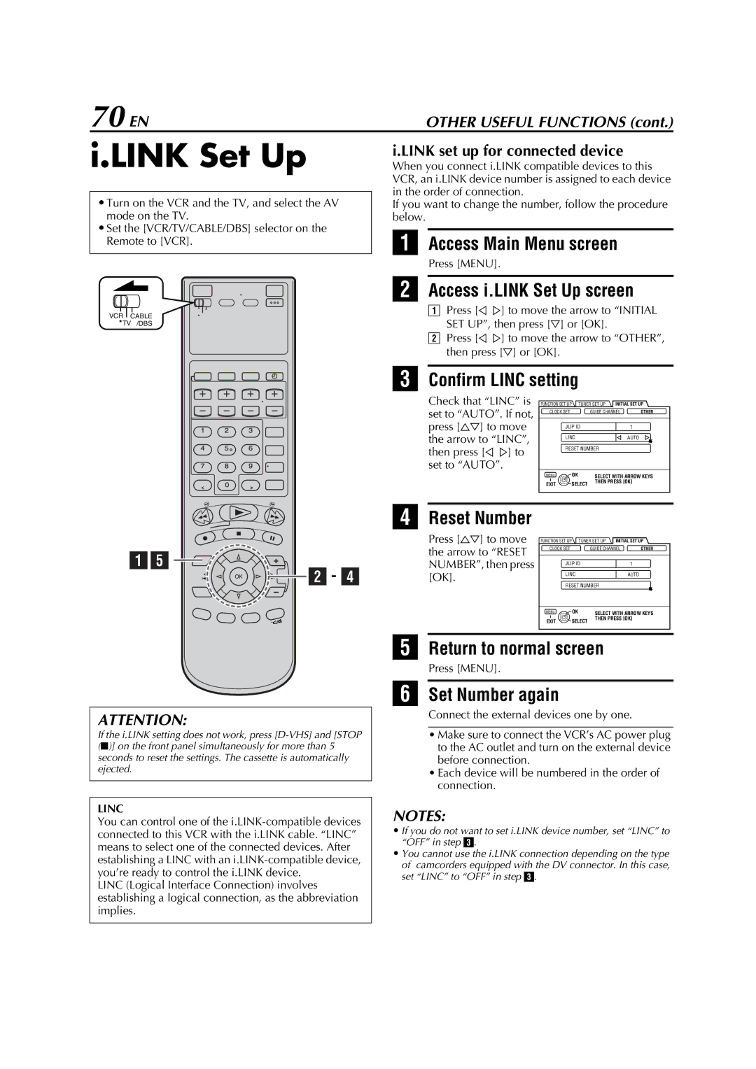 JVC HM-DH5U manual Link Set Up, 70 EN, Access i.LINK Set Up screen, Confirm Linc setting, Set Number again 