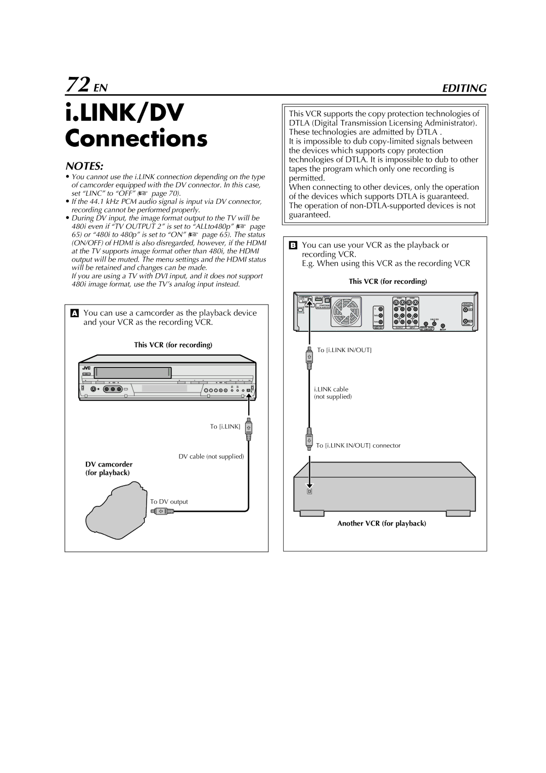 JVC HM-DH5U manual LINK/DV Connections, 72 EN 