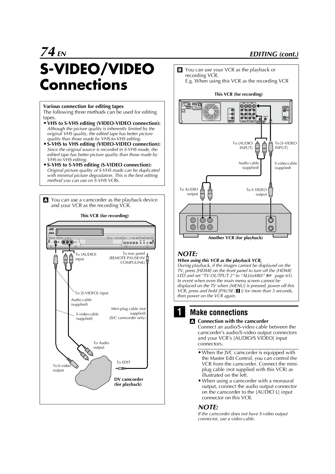 JVC HM-DH5U manual VIDEO/VIDEO Connections, 74 EN 