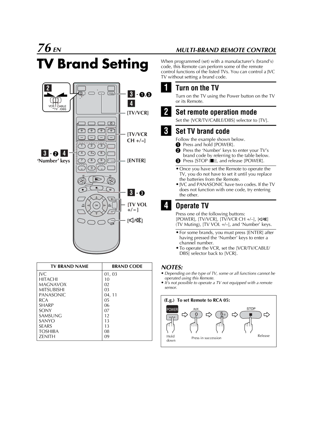 JVC HM-DH5U manual TV Brand Setting, 76 EN 