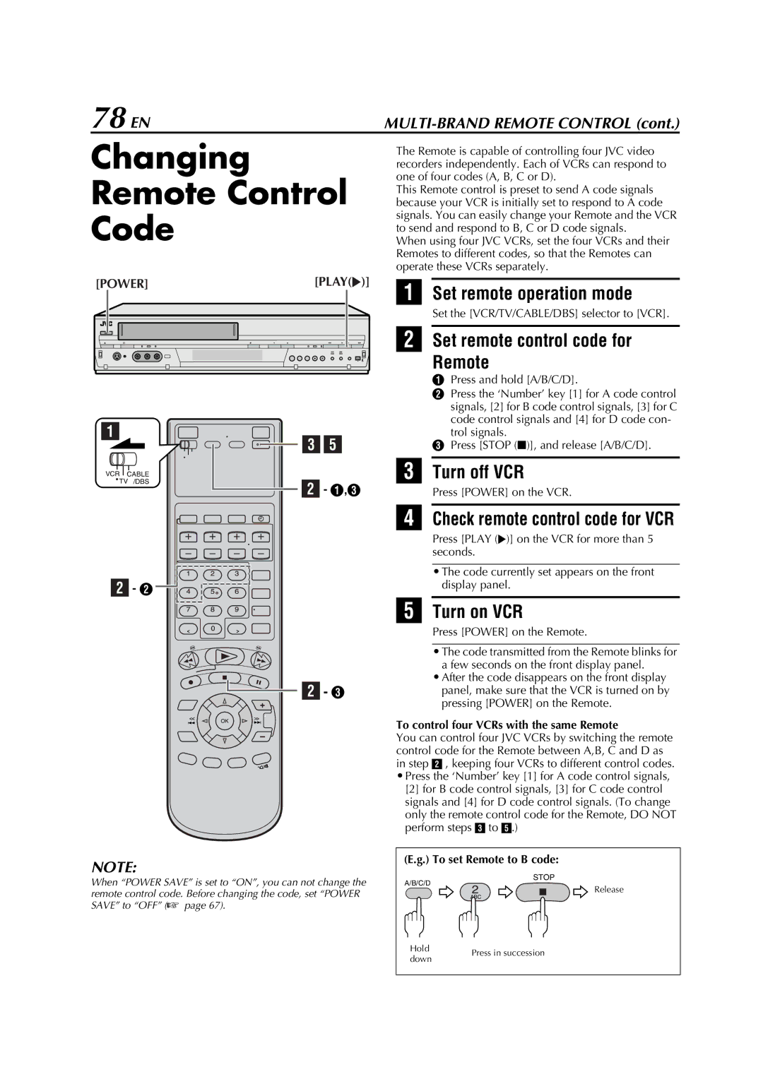 JVC HM-DH5U manual Changing Remote Control Code, 78 EN, Set remote control code for Remote, Turn off VCR, Turn on VCR 