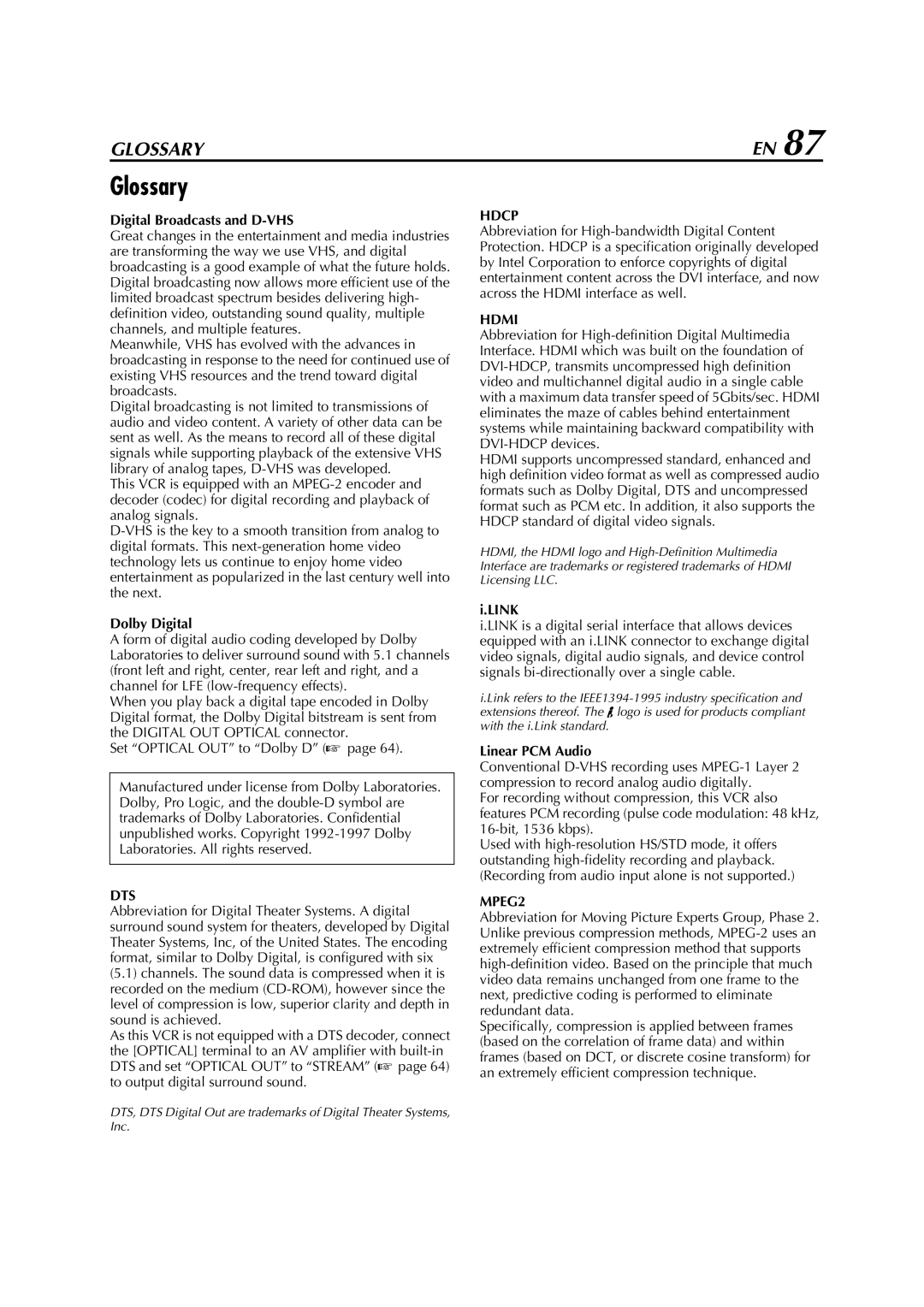 JVC HM-DH5U manual Glossary, Dts, Hdcp, Hdmi, MPEG2 