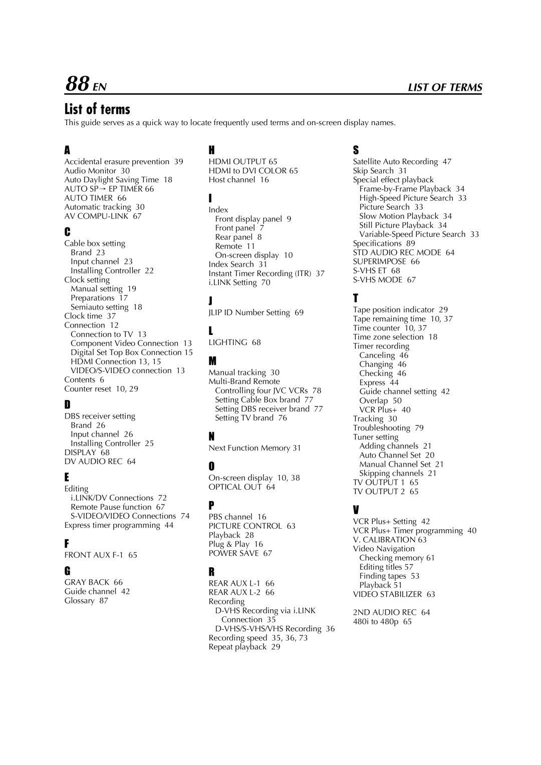 JVC HM-DH5U manual 88 EN, List of terms 