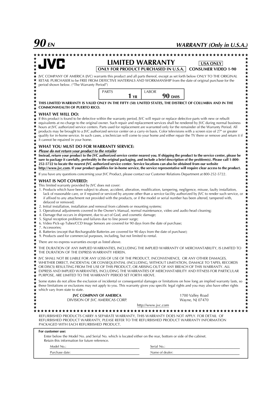 JVC HM-DH5U manual 90 EN, What WE will do, What YOU Must do for Warranty Service, What is not Covered 