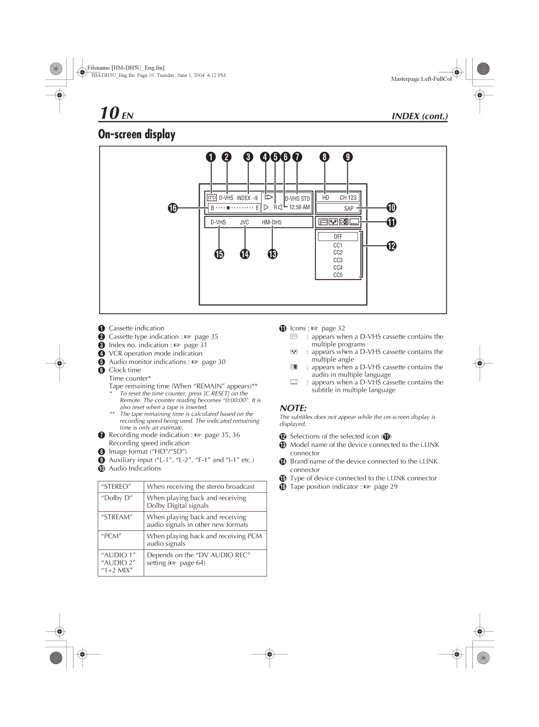 JVC HM-DH5U manual 10 EN, On-screen display 