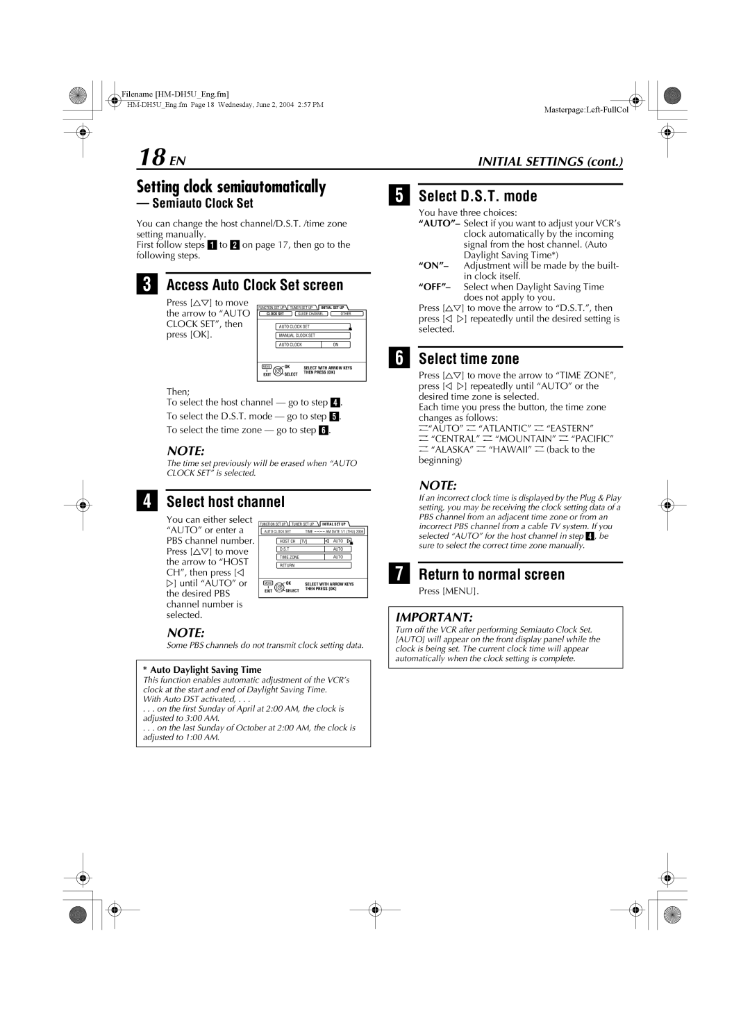 JVC HM-DH5U manual 18 EN, Setting clock semiautomatically 