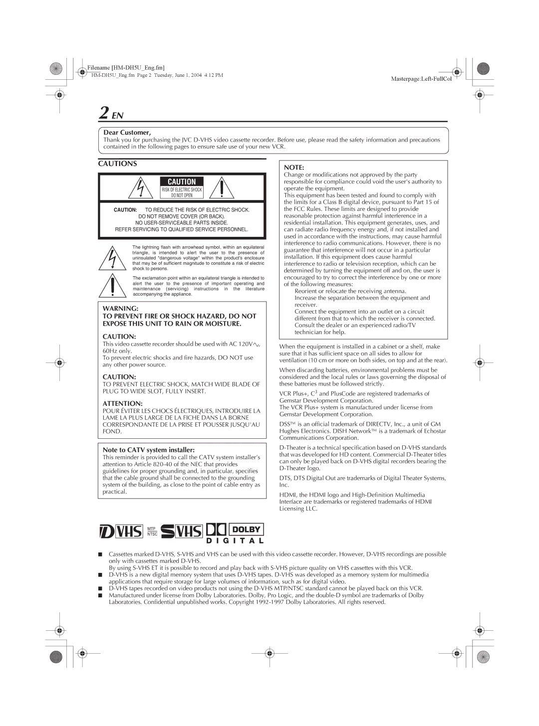 JVC HM-DH5U manual Cdg, Dear Customer 