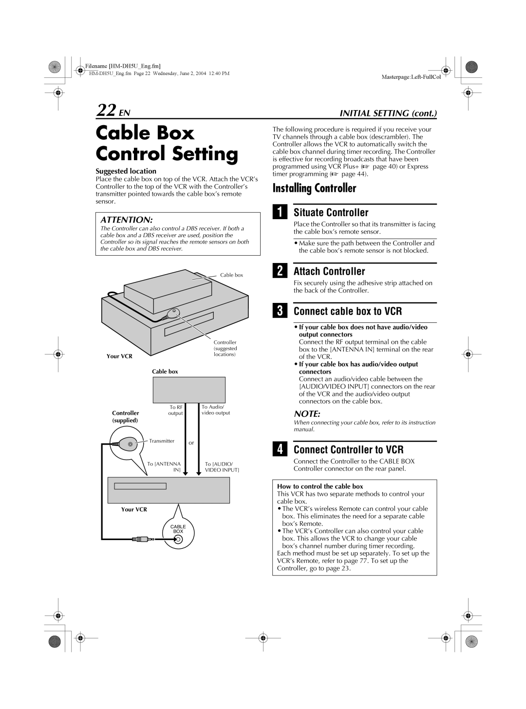 JVC HM-DH5U manual Cable Box Control Setting, 22 EN, Installing Controller 