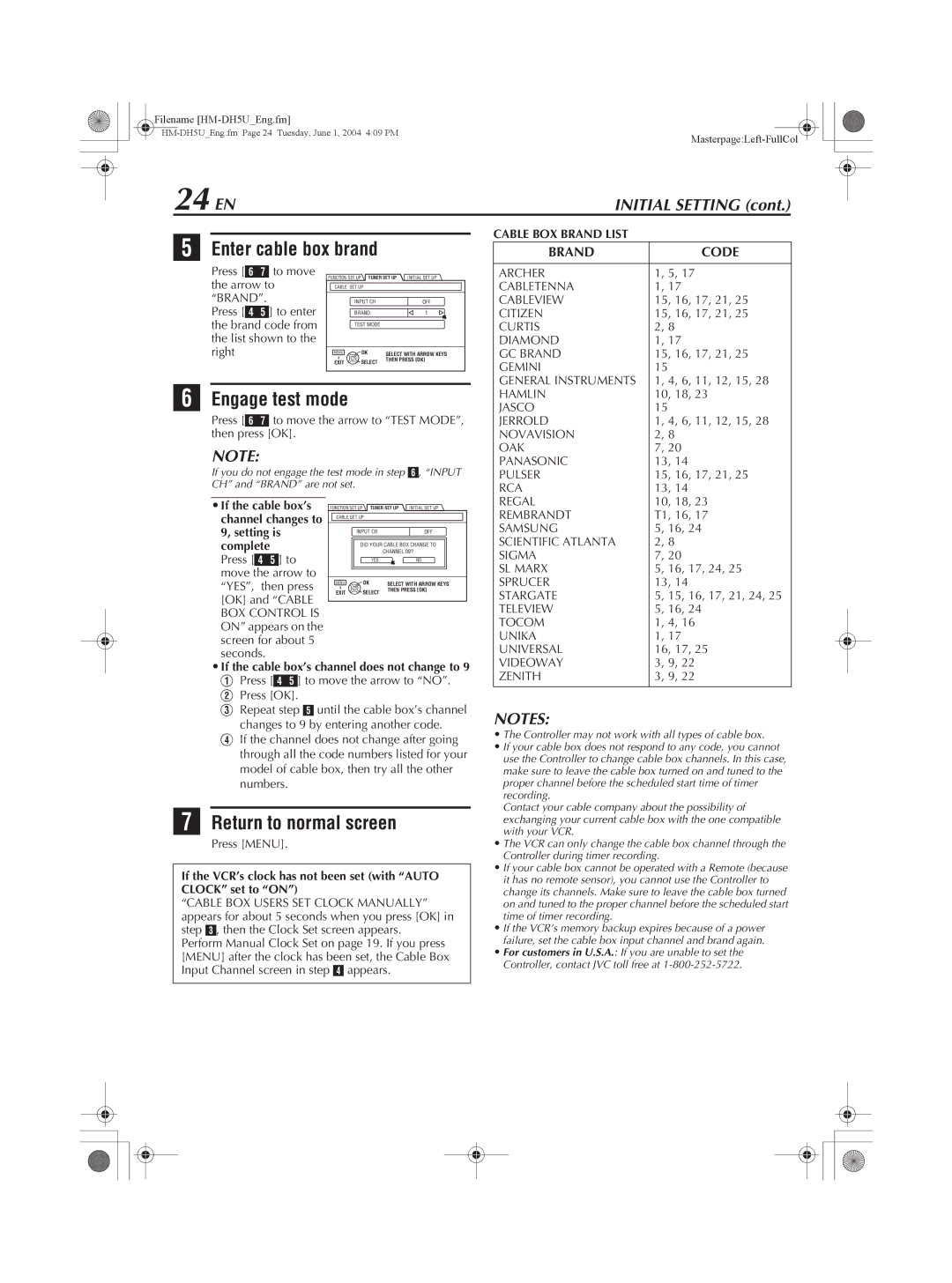 JVC HM-DH5U manual 24 EN, Enter cable box brand, Engage test mode, Brand Code, Cable BOX Brand List 