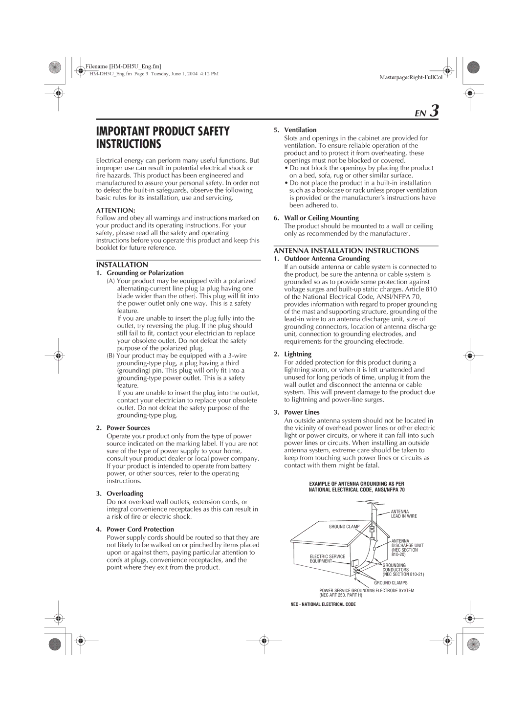 JVC HM-DH5U manual Antenna Installation Instructions 