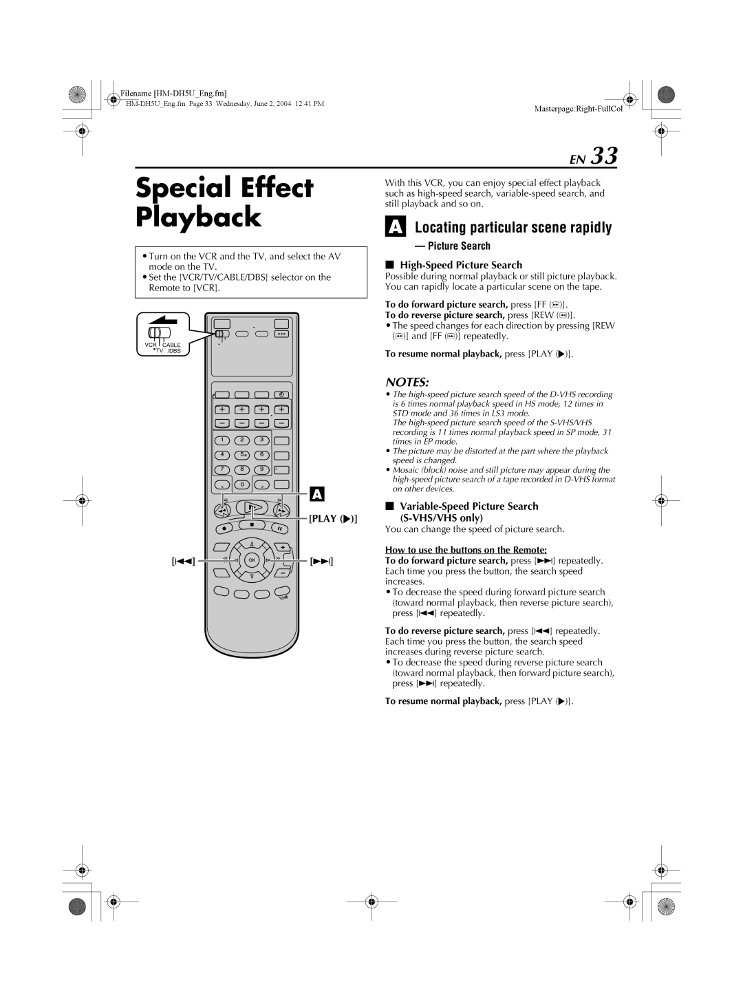 JVC HM-DH5U manual Special Effect Playback, Locating particular scene rapidly, Picture Search High-Speed Picture Search 