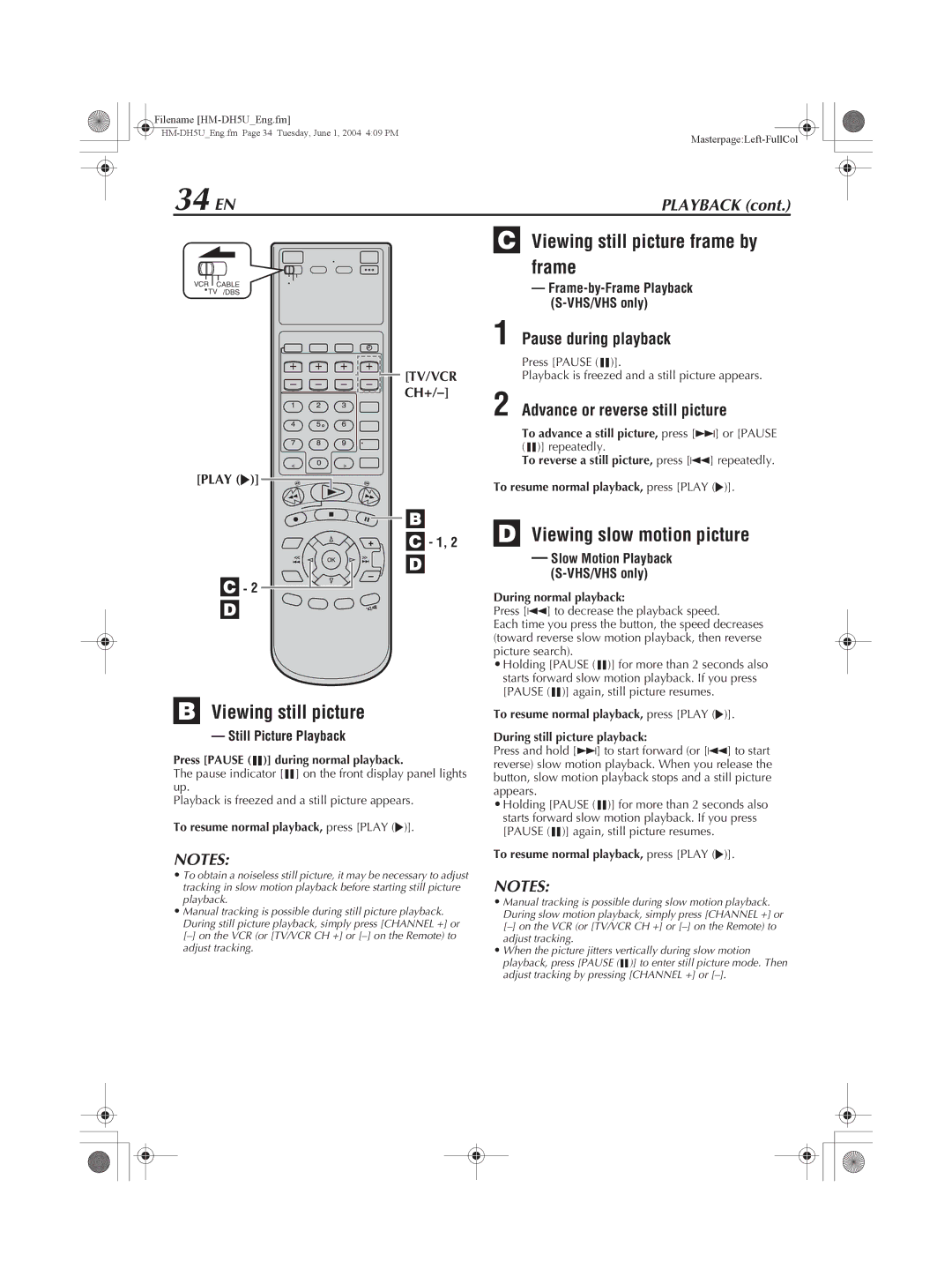 JVC HM-DH5U manual 34 EN, Viewing still picture frame by frame, Viewing slow motion picture 