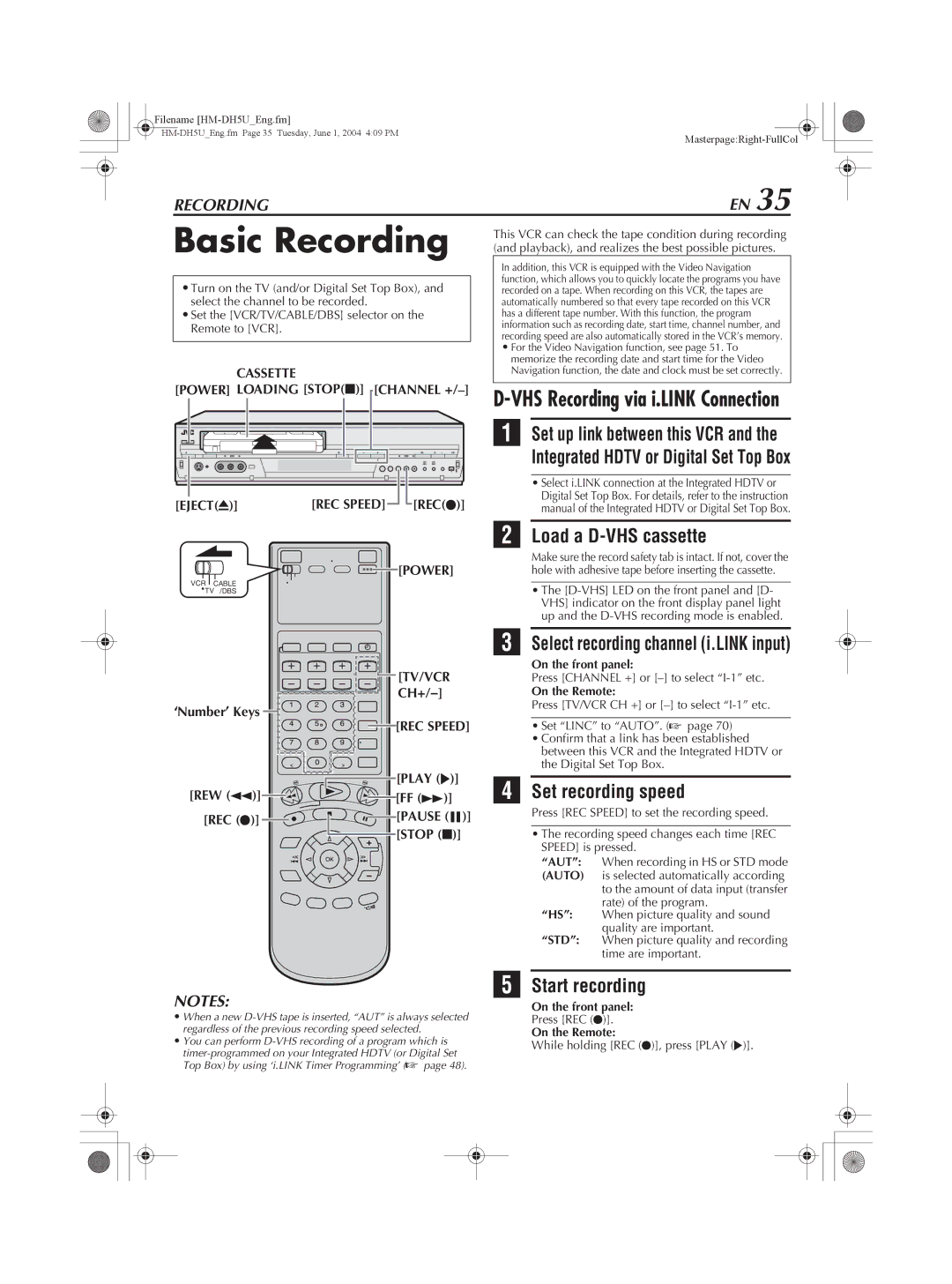 JVC HM-DH5U Basic Recording, Set up link between this VCR, Load a D-VHS cassette, Set recording speed, Start recording 