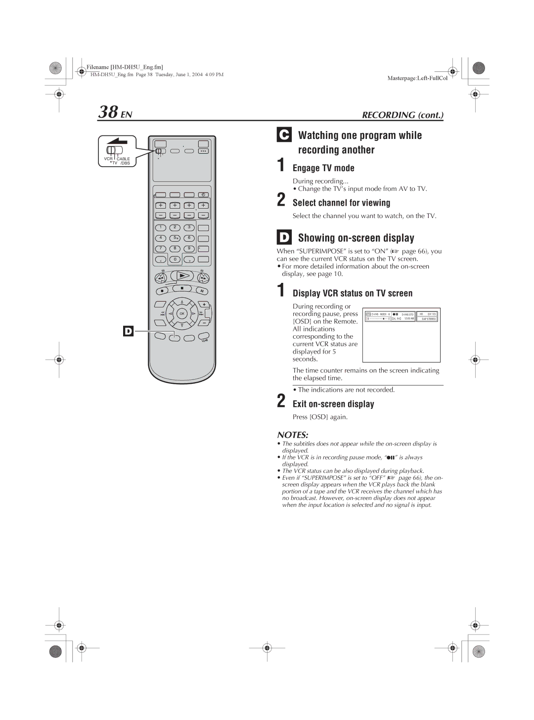 JVC HM-DH5U manual 38 EN, Watching one program while recording another, Showing on-screen display 