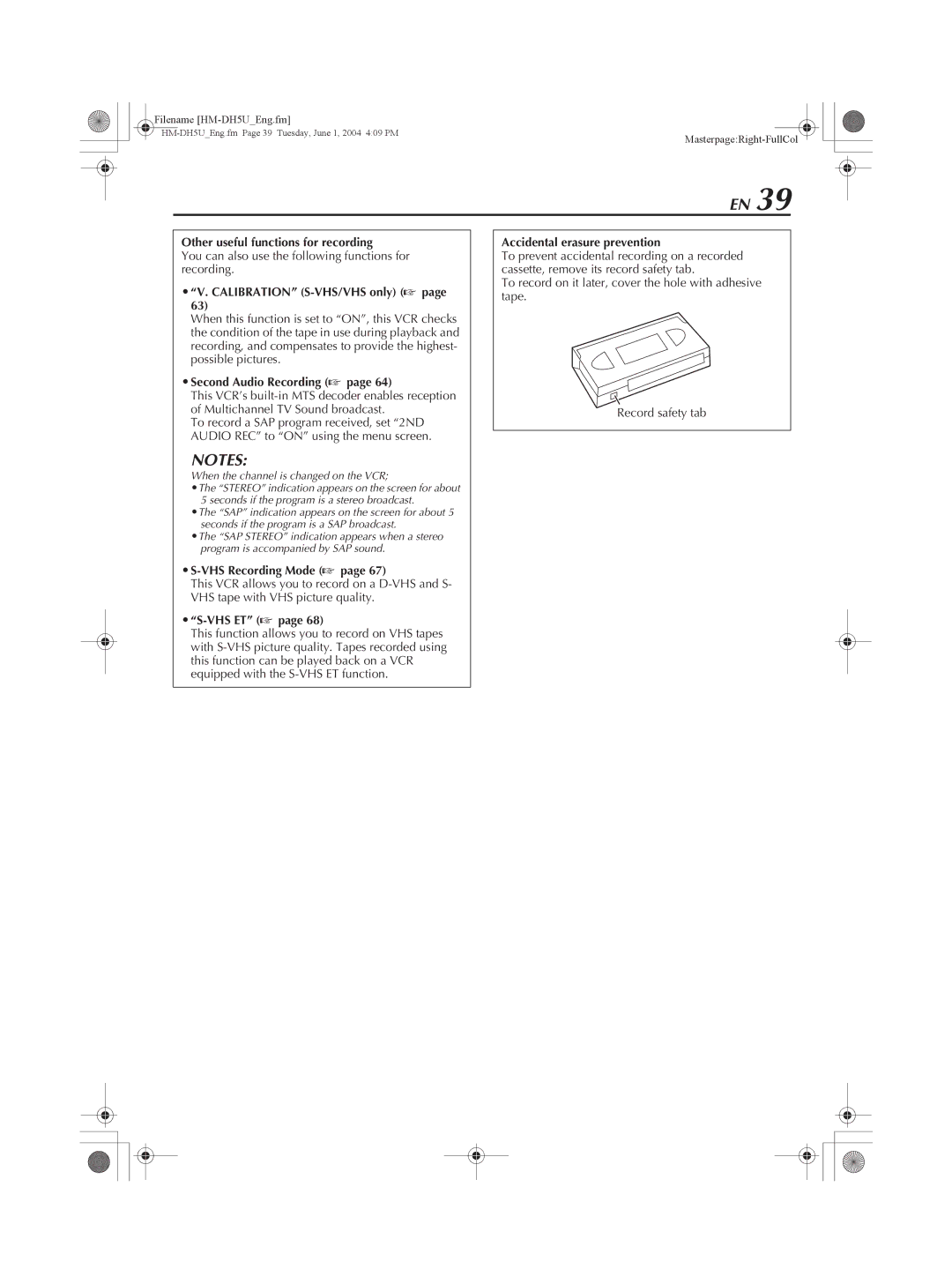 JVC HM-DH5U manual Other useful functions for recording, Calibration S-VHS/VHS only a, Second Audio Recording a, VHS ET a 