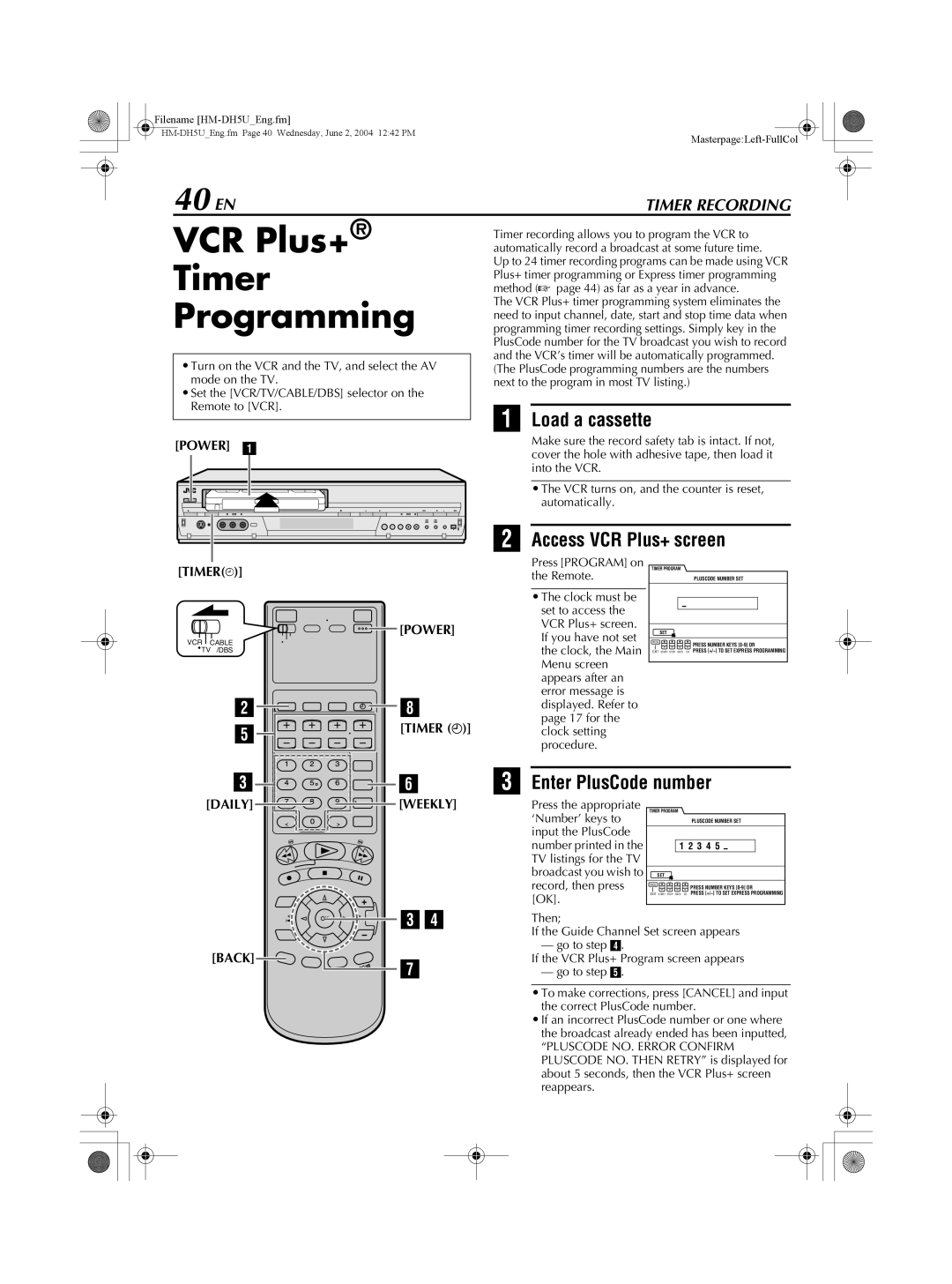 JVC HM-DH5U manual VCR Plus+ Timer Programming, 40 EN, Access VCR Plus+ screen, Enter PlusCode number 