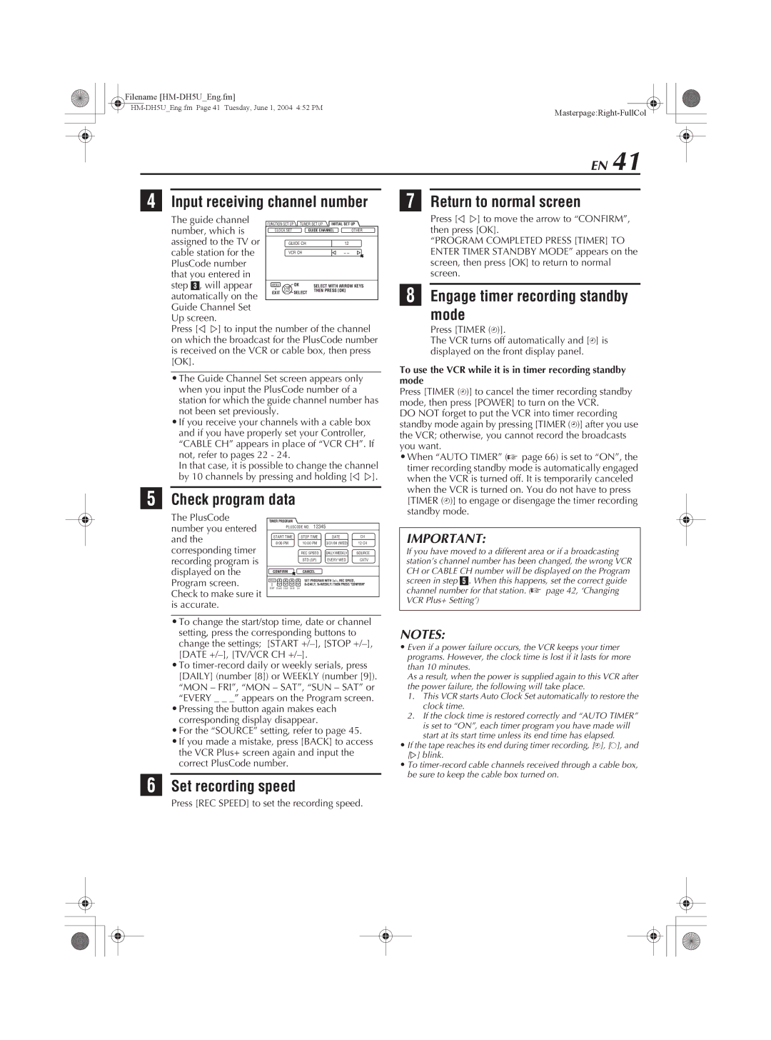 JVC HM-DH5U manual Check program data Return to normal screen, Engage timer recording standby mode 