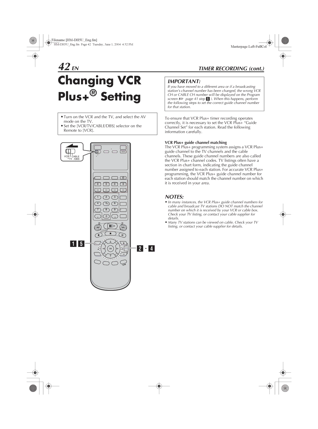 JVC HM-DH5U VCR Plus+ guide channel matching, If you have moved to a different area or if a broadcasting, For that station 