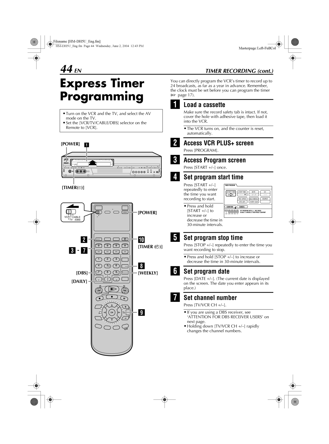 JVC HM-DH5U manual Express Timer Programming, 44 EN 